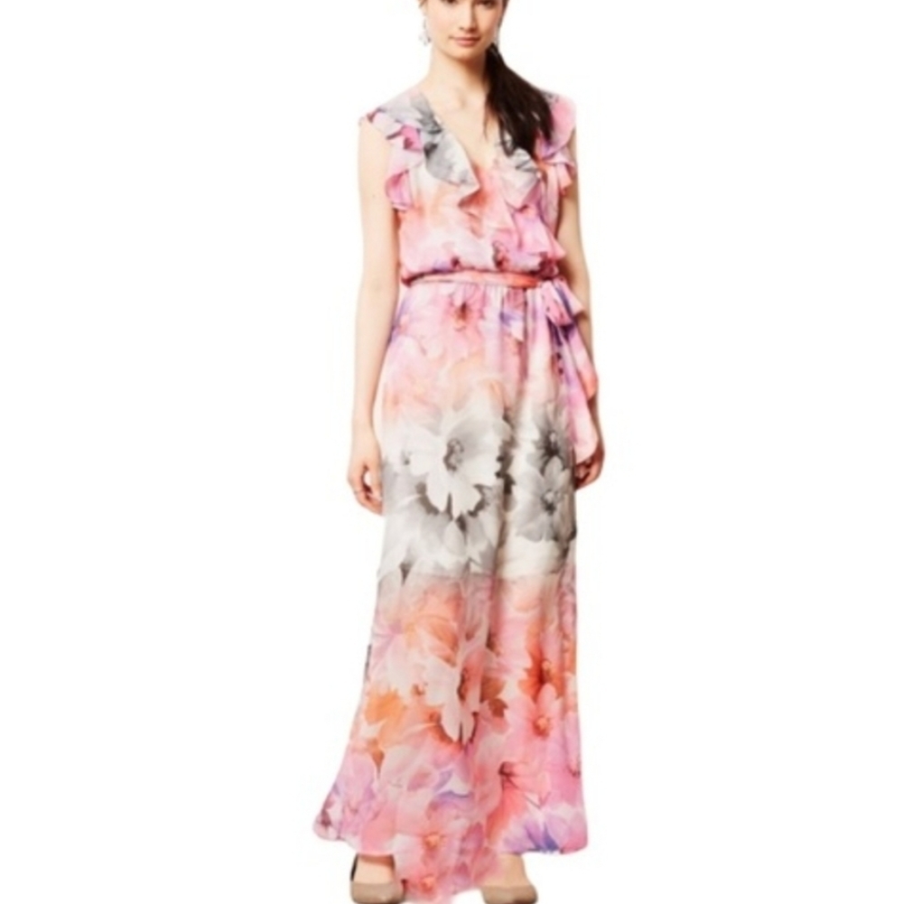 Anthropologie HD in Paris Easel Flora Maxi Dress 14 Watercolor Ruffles Belted